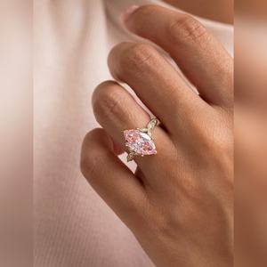 Bague en or 10K 14K 18K, platine et argent, avec topaze rose taille marquise et diamant, bijoux de mariée gravés vintage - Product Image 6