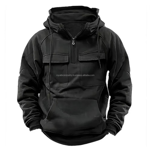 Sweat à capuche personnalisé pour hommes avec demi-fermeture éclair 100% poches cargo brodées en molleton de coton - Product Image 4