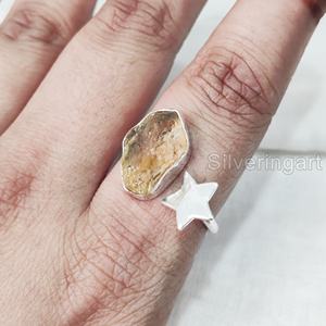 Bijoux en pierre brute bague pour femme pierre précieuse citrine brute naturelle novembre pierre de naissance étoile bague noël 925 bague en argent Sterling - Product Image 1