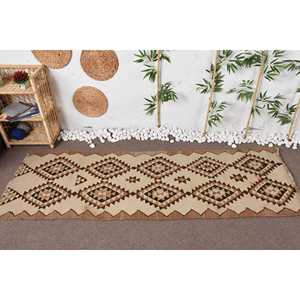 2.8x8.3 ft Vintage <b>Rug</b>, Turkish <b>Runner</b> <b>Rug</b>, Beige Brown Check Wool <b>Rug</b> - Product Image 3