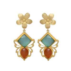 New Arrival <b>Long</b> Gold Plated Beautiful Classic Flower Design Aqua Chaceldony Gemstone <b>Earrings</b> Dangle <b>Earrings</b> - Product Image 1