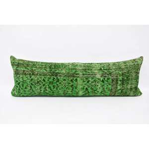 Nature Print Kantha Wool <b>Pillow</b> 16x48 Inch Green Decorative Cushion Vintage Floral Embroidered <b>Square</b> Pattern Woven for Floor - Product Image 1