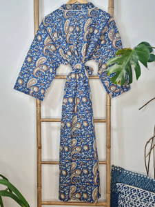 <b>Men's</b> Elegant Royal Regal Indigo Blue Beige Sand Paisley Desire <b>Long</b> Cotton Funky House Robe Kimono Casual Canvas Summer Suit - Product Image 2