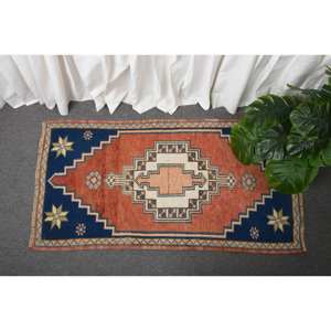 Alfombra de lana turca hecha a mano Vintage de 2x3,9 pies, clásica, área grande, rectangular, rojo, azul, Patchwork, patrón de pasillo abstracto, látex - Product Image 1