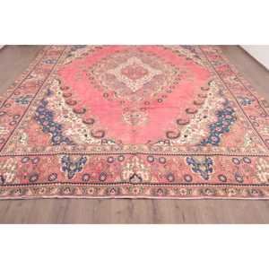Vintage Turkish Rug, 9.7x12.6 ft Rug, <b>Red</b> Blue Check <b>Wool</b> Rug - Product Image 5