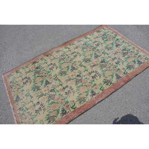 Tapis turc vintage en laine beige et vert, 3,6 x 6,2 pieds, fait main, grand tapis rectangulaire, design patchwork pour couloir, chambre en latex - Product Image 5