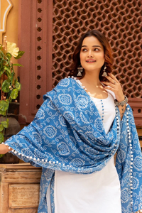 Ensemble de robe décontractée en coton blanc SUNHARI avec dupatta en coton bleu Bhandej pour adolescentes, taille naturelle ajourée - Product Image 5