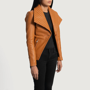 Blazer en cuir véritable marron de haute qualité pour femmes Style motard Fermeture à bouton unique Logo personnalisé Vestes en gros en coton OEM - Product Image 2