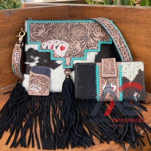 Lo más nuevo, cuero de vaca con flecos occidentales, bandolera, monedero de jugador, billetera de cuero tallado y tarjetero en relieve a mano, conjuntos de trío - Product Image 1