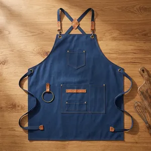 Delantal Clásico Azul de Lona sin Mangas con Múltiples Bolsillos, Detalles en Cuero, Resistente al Agua para Artículos de Limpieza - Product Image 1