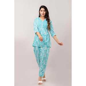 Bleu turquoise imprimé fleuri miroir travail col en V haut et pantalon pur coton ensemble pour femmes - Product Image 6