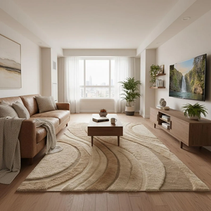 Modern Sculpted Wave Plush Area Rug Neutral <b>Beige</b> Carpet for Living Room Bedroom Dining Room Contemporary Scandinavian Teppich - Product Image 2