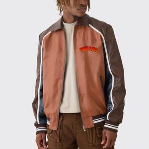 แจ็คเก็ตบอมเบอร์หนังสไตล์เรโทรสำหรับผู้ชาย แบบ OEM สีตัดต่อ คลาสสิก แขนยาว ปกพับลง ซิป แจ็คเก็ตวาร์ซิตี้ - Product Image 1