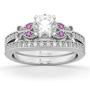 Conjunto de Joyería Fina de Oro Blanco de 18K con Diamante Mariposa y Zafiro Rosa para Novia (0.42ct) - Product Image 1