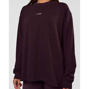 <b>Women's</b> Oversized <b>Long</b> <b>Sleeve</b> Tee in FLXCotton 95% Cotton 5% Spandex Midnight Plum <b>White</b> - Product Image 4