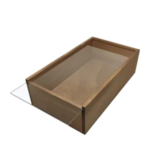 صندوق هدايا من الخشب الطبيعي مع غطاء من الأكريليك الشفاف صندوق خشبي بظل صندوق خشبي مزود بقمة منزلقة لعرض عبوة هدايا الشركات