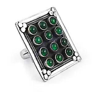 Geometric Cluster Cocktail <b>Ring</b> 925 Silver <b>Jade</b> Bezel Setting Vintage Style Unisex Everyday Wear From Rajasthan - Product Image 3