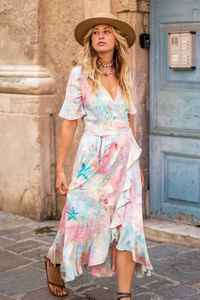 2023 Tie Dye Floral Broderie Kimono Robe pour Femmes Long Beachwear avec Ceinture Floor-Length Woven Pattern - Product Image 6