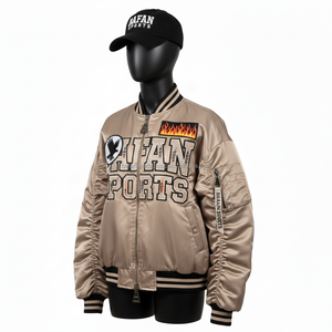 Chaqueta de Satén Premium para Mujer, Tela Suave y Brillante, Color Beige, con Diseño de Logotipo Personalizado Bordado en Chenilla, Chaquetas de Satén para Mujer - Product Image 4