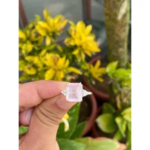 925 <b>Silver</b> Gemstone <b>Ring</b> with <b>Emerald</b> Cut Rose Quartz Statement Pear Shape Fine Jewelry for Engagement - Product Image 1