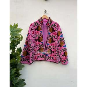 Pink Hand Embroidered Woven Cotton Blazer <b>Mandarin</b> <b>Collar</b> Full Sleeve Floral Pattern Women's <b>Jacket</b> Winter - Product Image 1