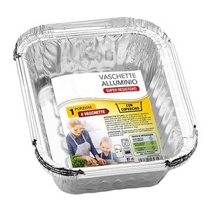 Set di 4 vassoi in alluminio a 1 porzione con coperchio a bordo a forma di L Super resistente per forno e frigo usa e getta Made in Italy - Product Image 1