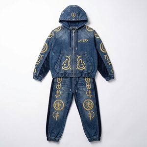 2026 Men Tracksuit Set Two Piece Acid Wash Solid Denim Bottom Velour Embroidered <b>Jacket</b> Pants Streetwear Custom Wholesale - Product Image 1