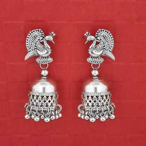 Jeweljunk Boucles d'oreilles plaquées argent paon Jhumki Drop Fashion 1314744 - Product Image 1
