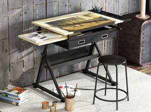 Tavolo da Disegno Regolabile in Altezza - Cavalletto in Metallo con Superficie Inclinabile, Spazio di Archiviazione e Sgabello - Product Image 6