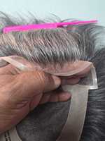 Taz Hair BD Fusion Perruque toupet en cheveux humains Remy à trame nouée à la main, base en dentelle frontale, couleur mixte 1B, patchs capillaires gris, prothèse capillaire