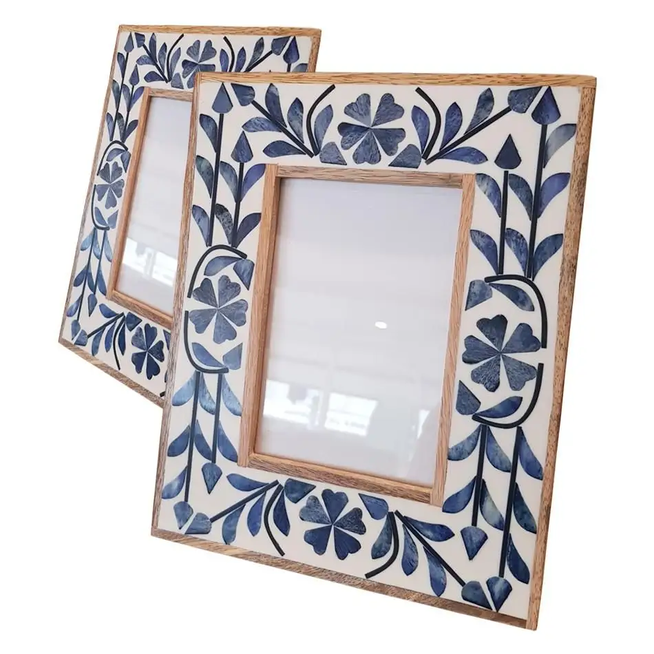 Indian handicraft for wood and Mother of Pearl Bone Inlay Photo Frame for customized size cheap price with blue and resin color