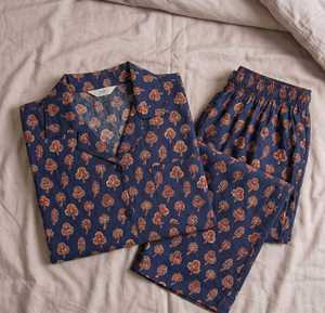 Cotton <b>Thermal</b> <b>Pyjamas</b> Set <b>Women's</b> Night Wear V-neck Full Sleeves Reversible Design Hand Block Print Sleepwear - Product Image 2