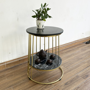 Contemporary Two-tiered <b>Side</b> <b>Table</b> with Stone Top and <b>Gold</b>-colored Iron Frame (SST027) - Product Image 2