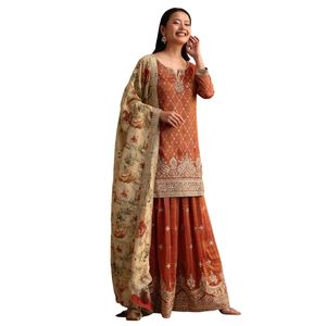 Vestito Palazzo ricamato marrone e oro con Dupatta all'ingrosso donna abbigliamento etnico OEM fornitore di fabbrica vestito personalizzato - Product Image 4