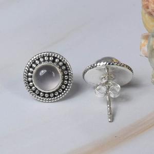 Boucle d'oreille en argent sterling 925 avec pierre précieuse ronde en quartz rose rose Stud fantaisie à la mode pour la fête et le mariage Bijoux en pierres précieuses taillées - Product Image 2