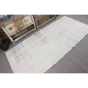 Alfombra Vintage, Alfombra de Lana Kilim Blanca y Azul de 3.5x7.2 pies - Product Image 3