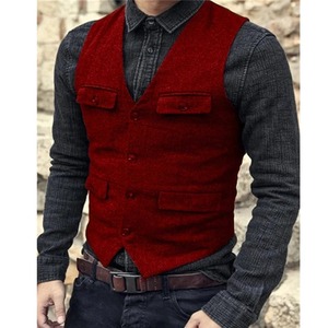 Chaleco de Traje Marrón Borgoña de Lona y Cuero, Impermeable, Transpirable, Estilo Vintage, para Invierno, Formal, de Negocios, para Hombres, para Bodas - Product Image 1