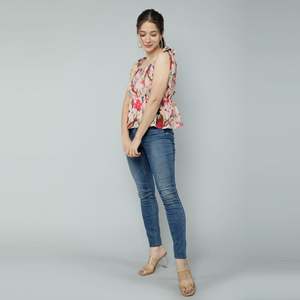 <b>Peach</b> Bird Printed Bohemian Tank <b>Top</b> Striped and Floral Linen-Chiffon Spaghetti Strap Bow Collar Size XL for Spring Season - Product Image 3