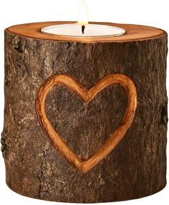 Portavelas de madera tallada en forma de corazón, textura de corteza natural, decoración rústica y romántica, accesorio para el hogar, ambiente cálido y acogedor - Product Image 2