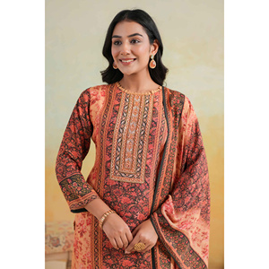 Conjunto de Kurta, Pantalón y Dupatta Floral Color Marrón Kavish Noor-e-Gulab - Product Image 1
