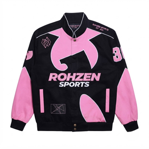Custom Pink & Black Unisex Oversized Racer/<b>Bomber</b>/Streetwear <b>Jacket</b> Embroidered Patch % Cotton Quick Dry Breathable Plus Size - Product Image 1