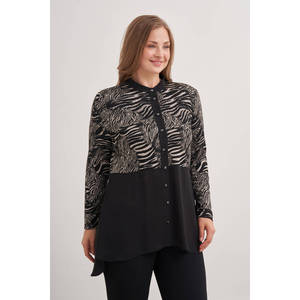 Blusa de Chifón con Estampado de Cebra y Bordado, Estilo Retro Casual, Talla XL - Product Image 3