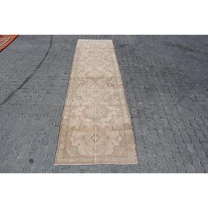 Turkish Rug, Runner 3.2x12.4 ft Vintage Rug, <b>Brown</b> Floral <b>Wool</b> Rug - Product Image 1