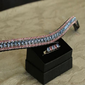 Bandeau de sourcils de cheval en cuir anglais noir de 12mm, personnalisé en forme de vague avec 3 rangées de bijoux bling-bling en cristal doré et clair - Product Image 6