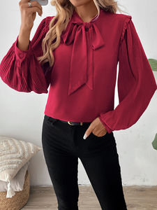 2025 más nuevo Color rojo pajarita cuello linterna manga larga diseño elegante mujeres Casual suelta Tops y blusa - Product Image 5
