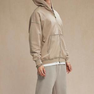 Sweat à capuche zippé décontracté en coton épais délavé à l'acide, coupe ample, fermeture éclair double, style rétro, vente en gros - Product Image 4