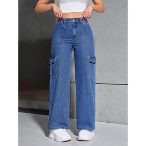 Vaqueros Cargo de Mujer Y2K Elegantes, Ecológicos y Duraderos, de Talle Alto, Azul Oscuro, Elásticos, de Mezclilla, con 6 Bolsillos, de Pierna Recta, Casuales - Product Image 1