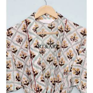 Women's Summer Boho Floral Print 100% Cotton Lightweight 3/4 Sleeve Soft <b>Kimono</b> Robe V-neck Pockets Front Logo Luxury Loungewear - Product Image 4