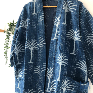 Albornoz Kantha de algodón índigo indio con estampado de bloques a mano, Kimono de algodón con estampado de palmeras, albornoz envolvente - Product Image 4
