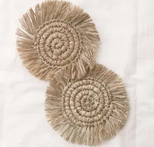Handwoven Corn Husk Round Cup Coasters with Fringes | Boho Raffia Placemats and Cup Coasters